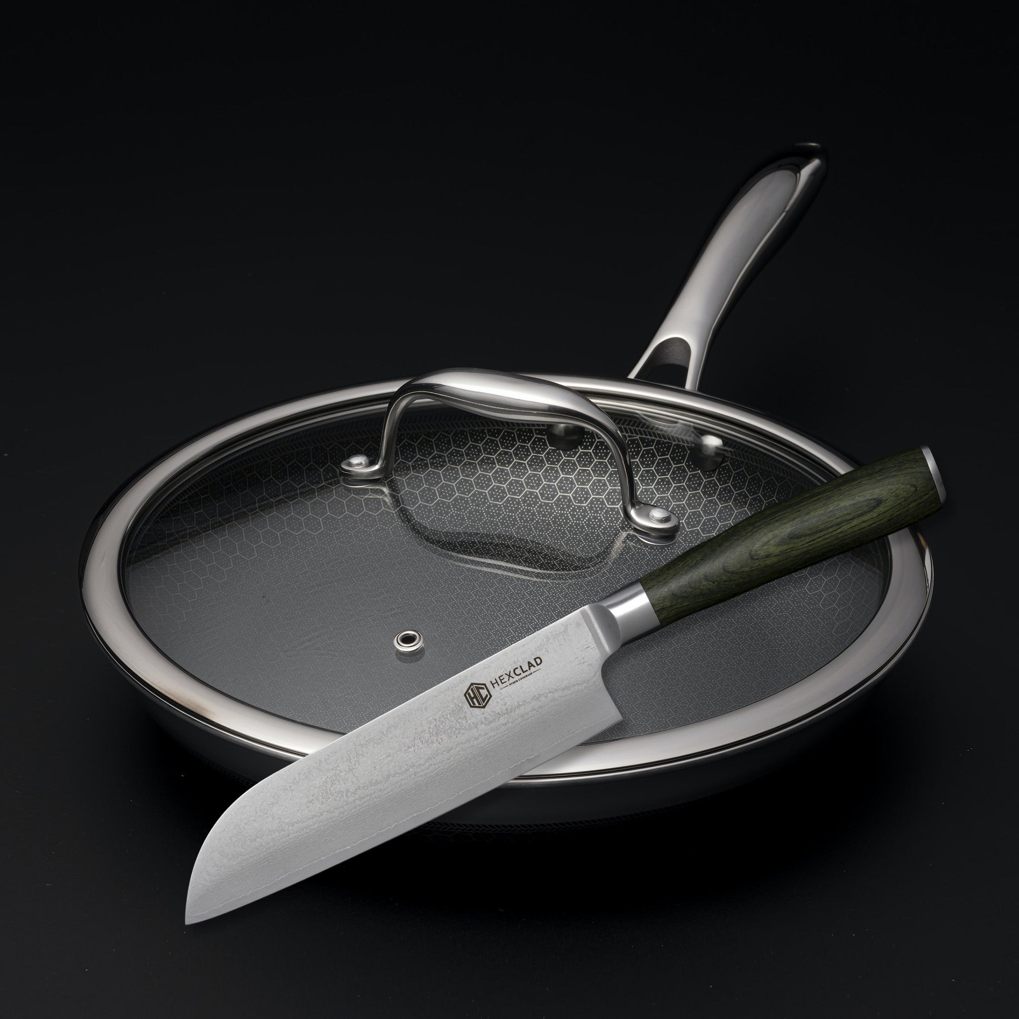Damascus Steel 7" Santoku Knife and 10" Hybrid Pan with Lid